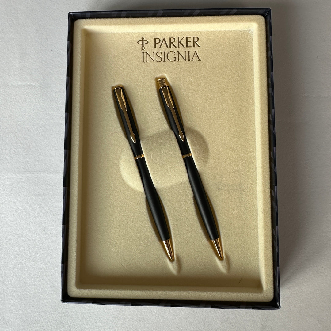 Parker Insignia Matte Black Gold Trim Ballpoint Pen & Pencil Set - New Old Stock