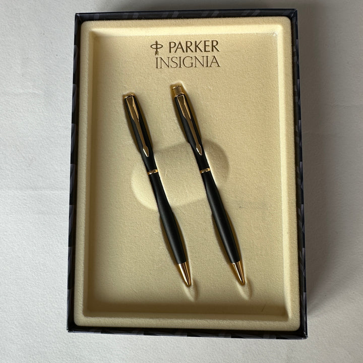 Parker Insignia Matte Black Gold Trim Ballpoint Pen & Pencil Set - New Old Stock