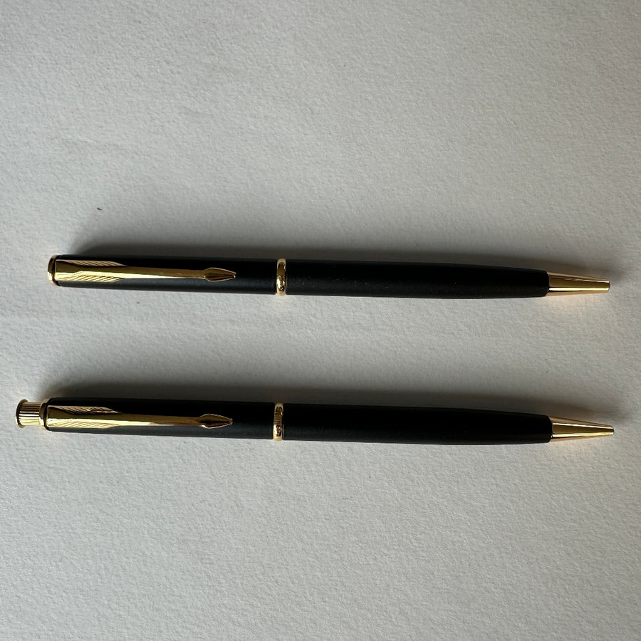 Parker Insignia Matte Black Gold Trim Ballpoint Pen & Pencil Set - New Old Stock