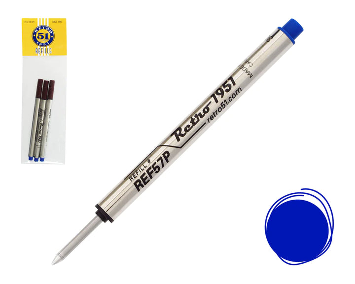 Retro 51 Capless Rollerball Refill Short Retractable 3Pack Blue