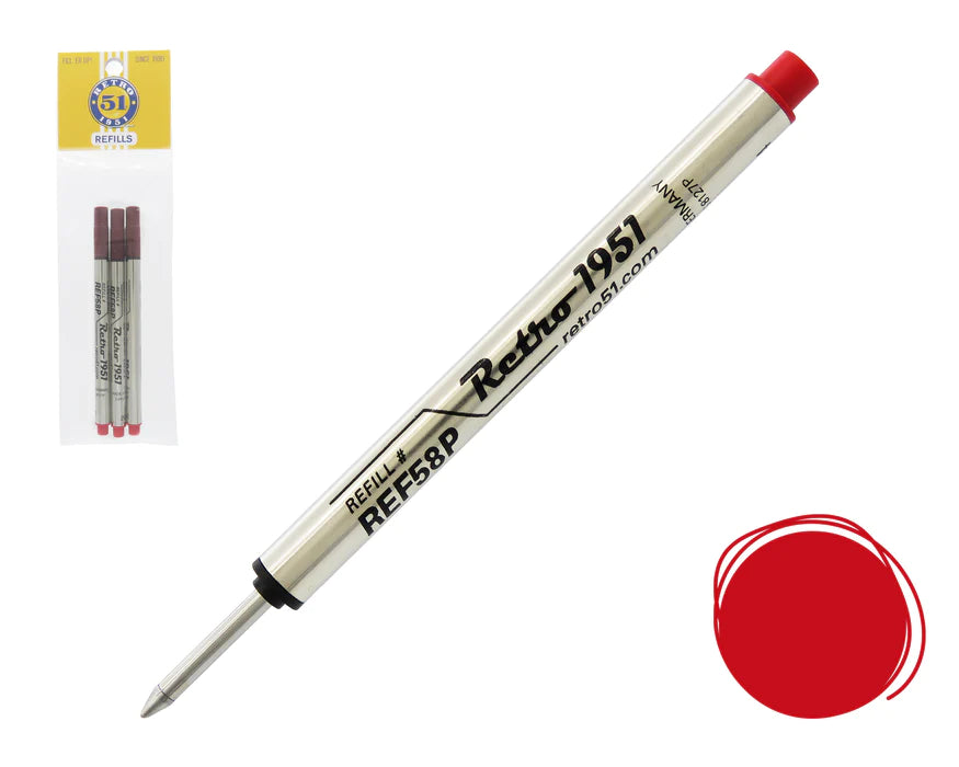 Retro 51 Capless Rollerball Refill Short Retractable 3Pack Red