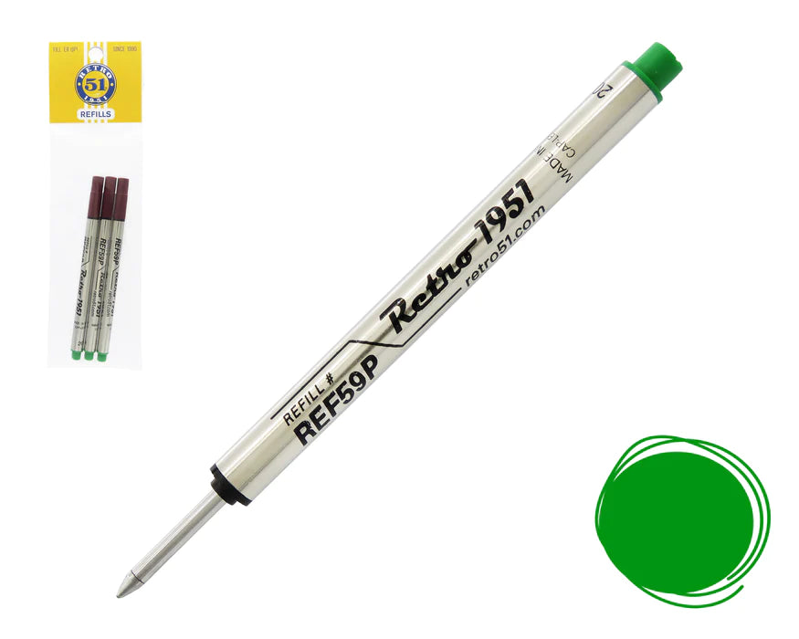 Retro 51 Capless Rollerball Refill Short Retractable 3Pack Green