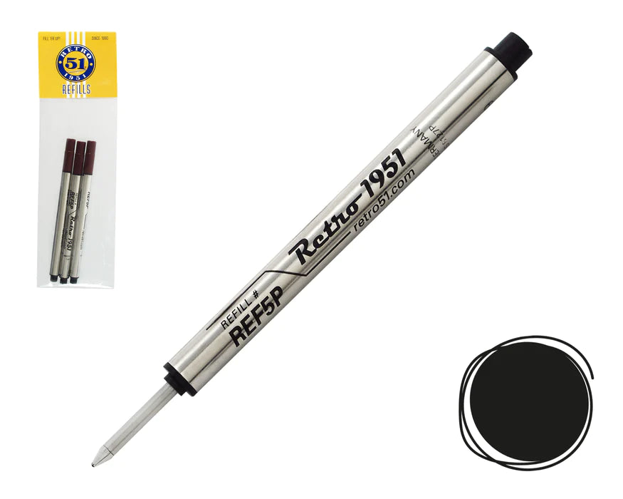 Retro 51 Capless Rollerball Refill Short Retractable 3Pack Black